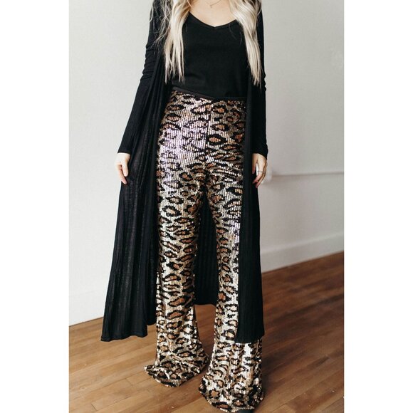 SHOW ME YOUR MUMU WOMEN'S CHEETAH / LEOPARD SEQUIN GRETTA FLARE PANTS - Sz Large - Picture 13 of 14